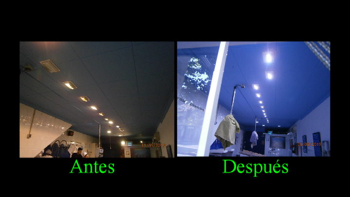 La foto de la izda representa el antes y la de la dcha el cómo están ahora los nuevos proyectores LED especiales para el pescado.